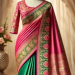 DALL·E 2025-01-31 15.37.56 - A full image of a pink and green saree displayed elegantly on a mannequin. The saree features a dual-tone design with a rich green pleated section and