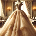 DALL·E 2025-01-31 16.30.30 - A breathtaking full-length ball gown displayed on a mannequin. The gown is an elegant champagne gold color with a luxurious satin and tulle combinatio
