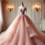 DALL·E 2025-01-31 16.38.49 - A stunning full-length pink ball gown displayed on a mannequin. The gown is a soft blush pink shade, crafted from luxurious satin and layered tulle. T