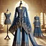 DALL·E 2025-01-31 17.17.16 - A stunning ethnic palazzo and organza poncho set designed for a rectangular body type, displayed on a mannequin. The outfit consists of a royal blue p