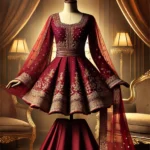 DALL·E 2025-01-31 17.17.39 - A luxurious burgundy ethnic suit designed for a rectangular body type, displayed on a mannequin. The outfit consists of a rich burgundy peplum-style k