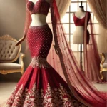DALL·E 2025-01-31 17.35.33 - A stunning mermaid-cut lehenga with a fitted blouse, designed for an hourglass body type, displayed on a mannequin. The lehenga is a deep ruby red sha