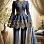 DALL·E 2025-01-31 17.35.39 - A stunning peplum kurta with straight pants, designed for a pear-shaped body type, displayed on a mannequin. The outfit is a royal navy blue shade wit