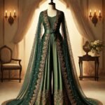 DALL·E 2025-01-31 17.36.04 - A stunning palazzo suit with a belted cape, designed for a rectangular body type, displayed on a mannequin. The outfit consists of a royal emerald gre