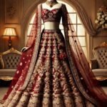 DALL·E 2025-01-31 17.37.54 - A luxurious Sabyasachi-inspired bridal lehenga displayed on a mannequin, exuding timeless elegance. The lehenga is deep wine red with intricate gold z
