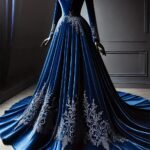 DALL·E 2025-02-01 00.46.13 - A stunning full-length blue velvet gown displayed on a mannequin. The gown features an elegant off-shoulder neckline with delicate silver embroidery a