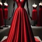 DALL·E 2025-02-01 00.47.02 - A stunning full-length red satin gown displayed on a mannequin. The gown features a sophisticated off-shoulder neckline with a structured bodice that