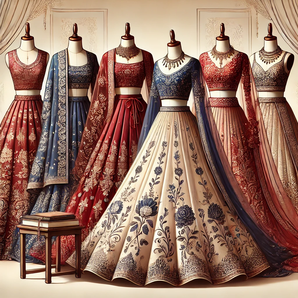 DALL·E 2025-02-03 17.05.43 - A stylish and elegant digital illustration of a lehenga category banner for a fashion rental website. The image features multiple luxurious lehengas d