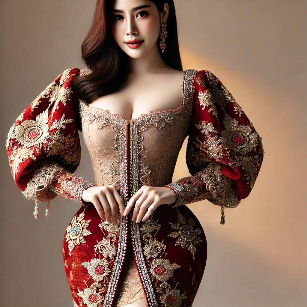 DALL·E 2025-02-04 15.28.12 - A beautiful woman with a pear-shaped body wearing a traditional outfit. The outfit is elegant, featuring intricate embroidery and rich colors, complem