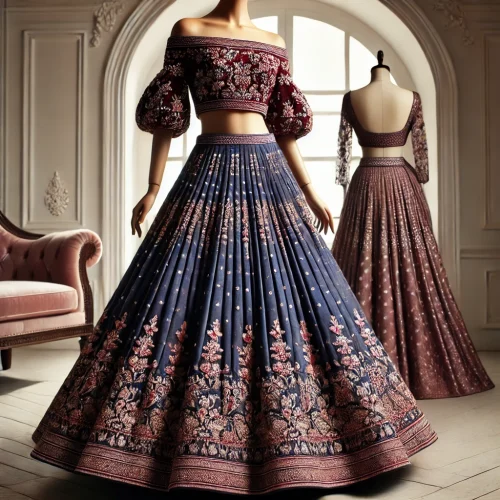 DALL·E 2025-01-29 10.56.29 - A designer lehenga tailored for a pear-shaped body, featuring a structured off-shoulder blouse with intricate embroidery to highlight the upper body.
