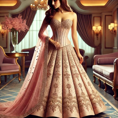 DALL·E 2025-01-29 10.56.41 - A stunning lehenga and corset outfit designed for a pear-shaped body, perfect for a friend's wedding. The lehenga features a high-waisted, A-line skir