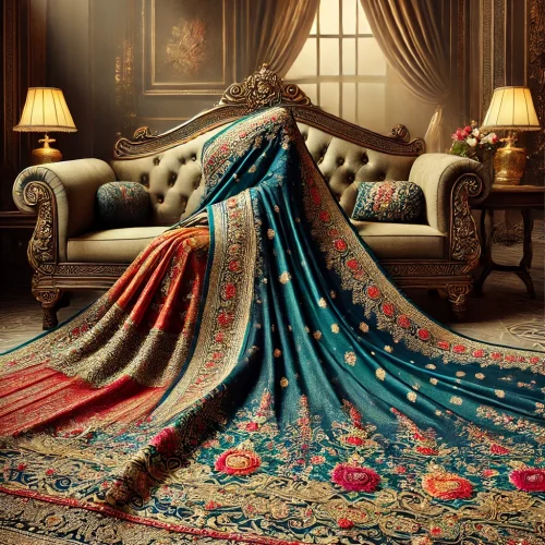 DALL·E 2025-01-31 15.09.40 - A magnificent Indian saree elegantly draped, featuring high-quality fabric with exquisite embroidery and embellishments. The saree flows beautifully,