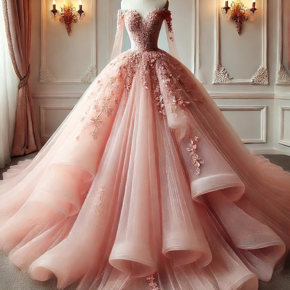 DALL·E 2025-01-31 16.38.49 - A stunning full-length pink ball gown displayed on a mannequin. The gown is a soft blush pink shade, crafted from luxurious satin and layered tulle. T
