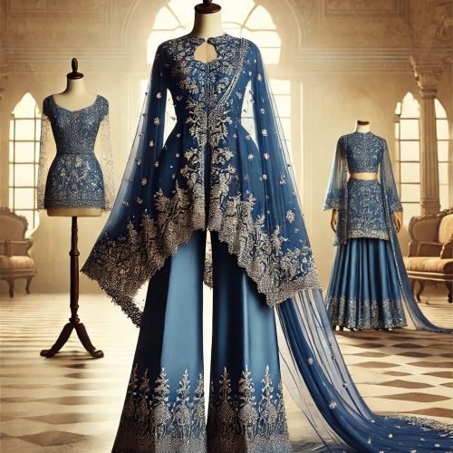 DALL·E 2025-01-31 17.36.13 - A stunning ethnic palazzo and organza poncho set designed for a rectangular body type, displayed on a mannequin. The outfit consists of a royal blue p