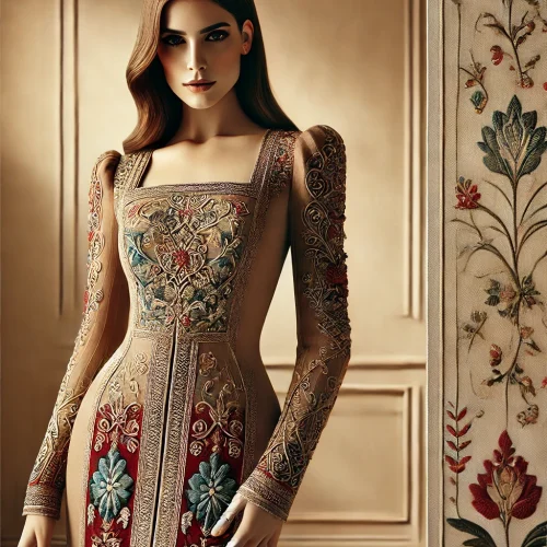 DALL·E 2025-02-04 15.31.53 - A full-body image of a beautiful woman with a rectangular-shaped body wearing a traditional outfit. The outfit is elegant, featuring intricate embroid